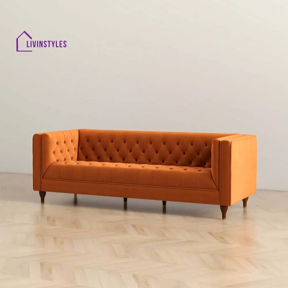 Jeevan Orange Three Seater Velvet Sofa For Living Room