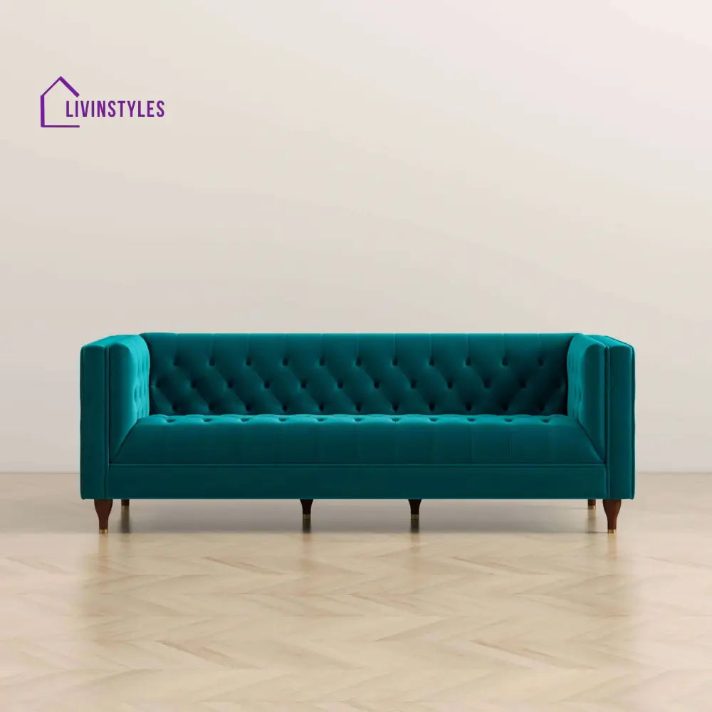 Jeevan Teal Three Seater Velvet Sofa For Living Room