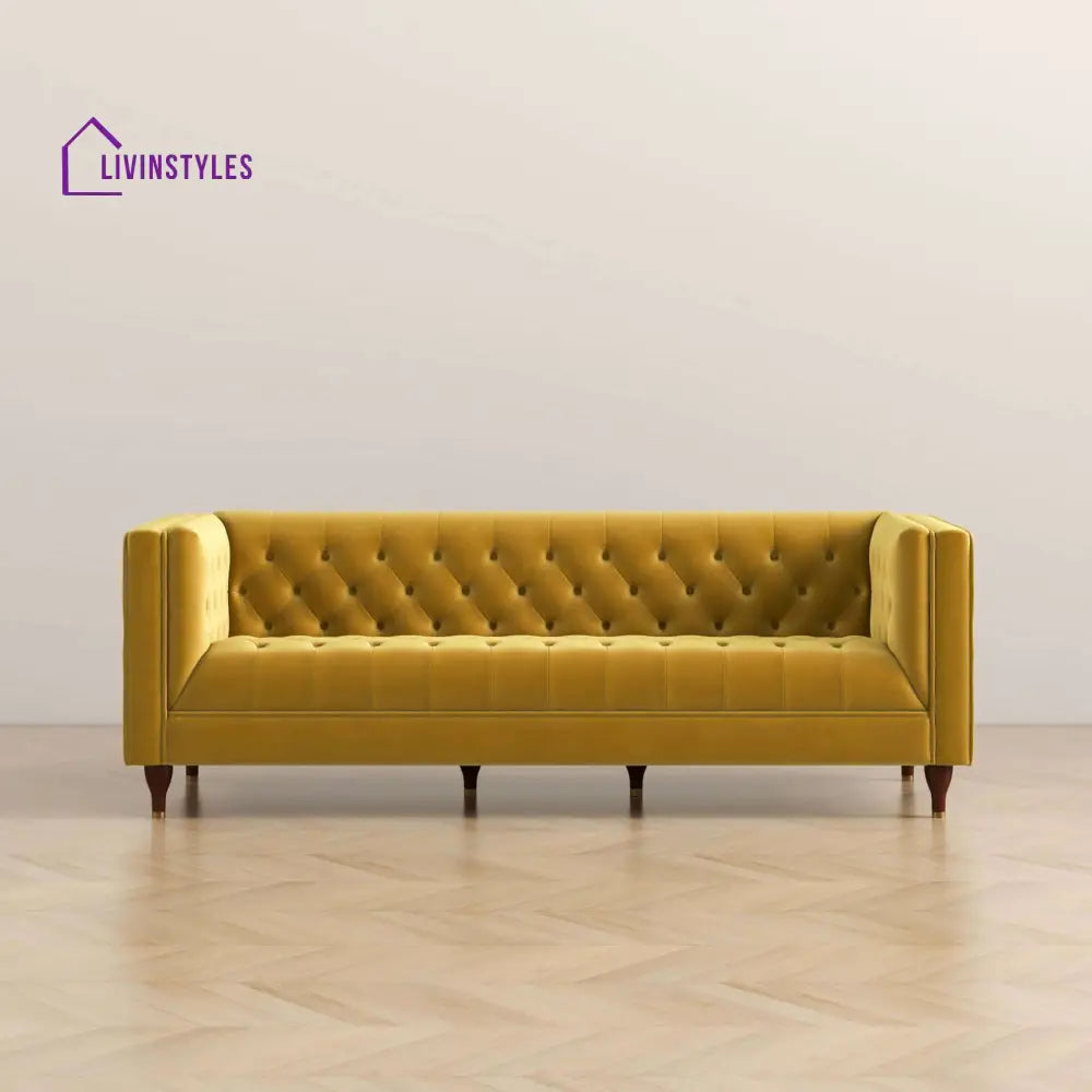 Jeevan Yellow Three Seater Velvet Sofa For Living Room