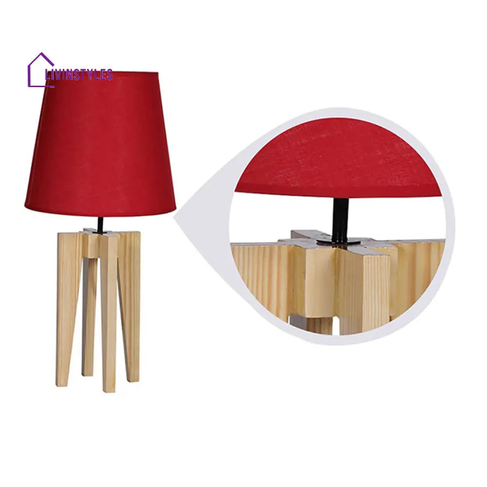 Jet Beige Wooden Table Lamp With Red Fabric Lampshade Lamps