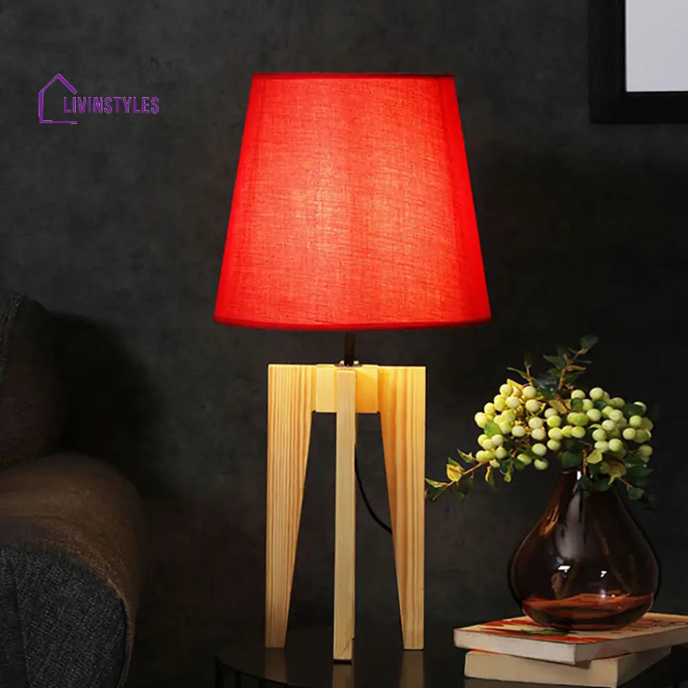 Jet Beige Wooden Table Lamp With Red Fabric Lampshade Lamps