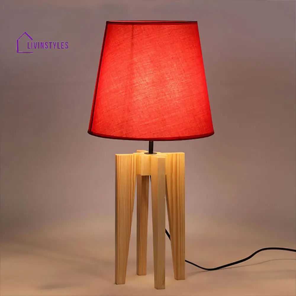 Jet Beige Wooden Table Lamp With Red Fabric Lampshade Lamps