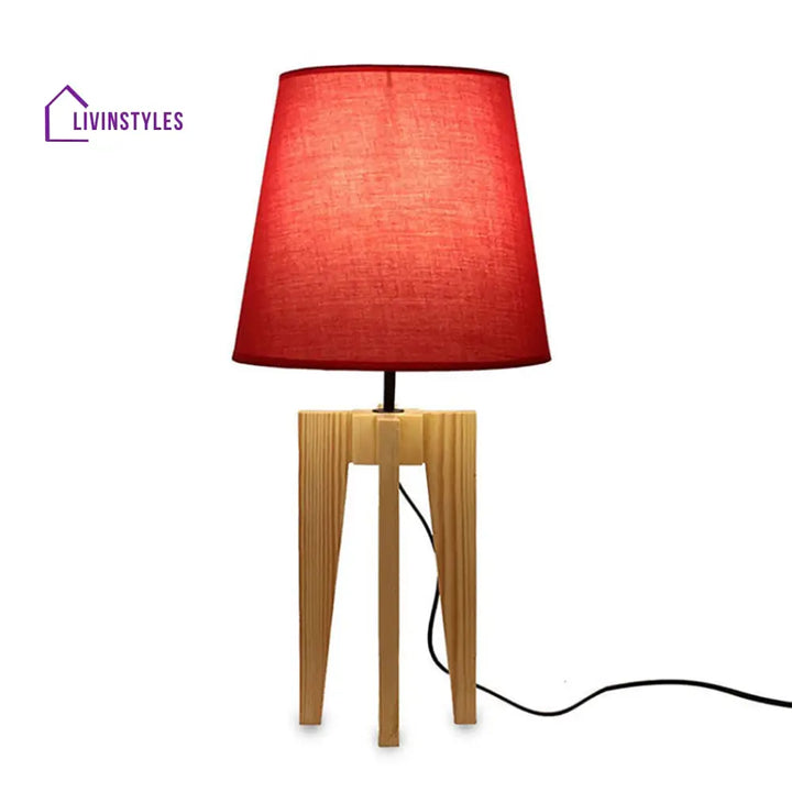 Jet Beige Wooden Table Lamp With Red Fabric Lampshade Lamps