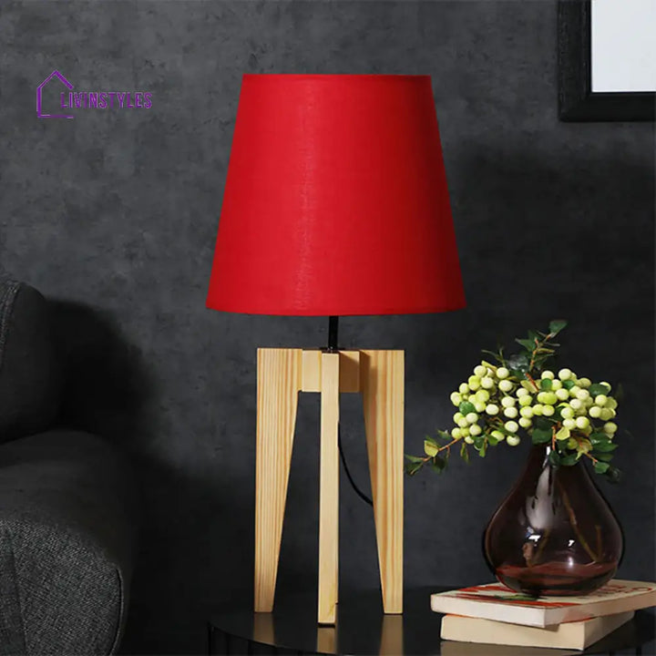 Jet Beige Wooden Table Lamp With Red Fabric Lampshade Lamps