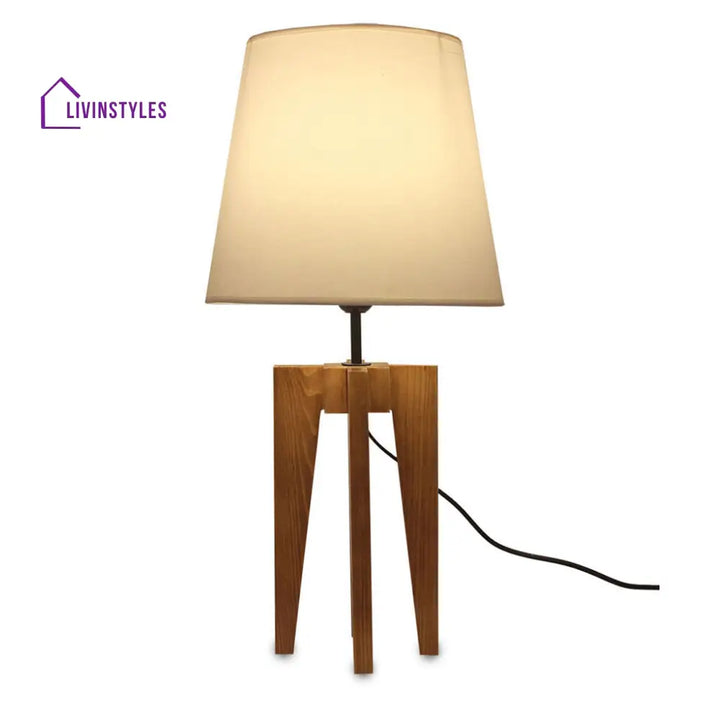 Jet Brown Wooden Table Lamp With White Fabric Lampshade Lamps