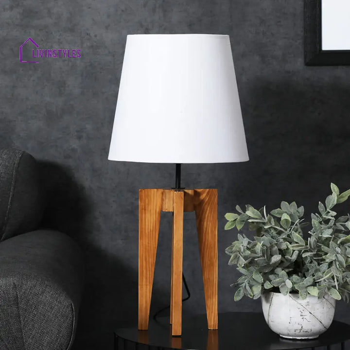 Jet Brown Wooden Table Lamp With White Fabric Lampshade Lamps