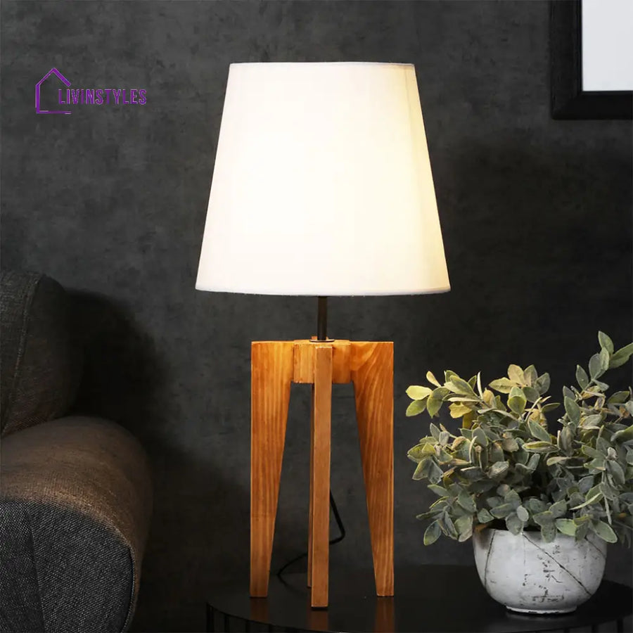 Jet Brown Wooden Table Lamp With White Fabric Lampshade Lamps