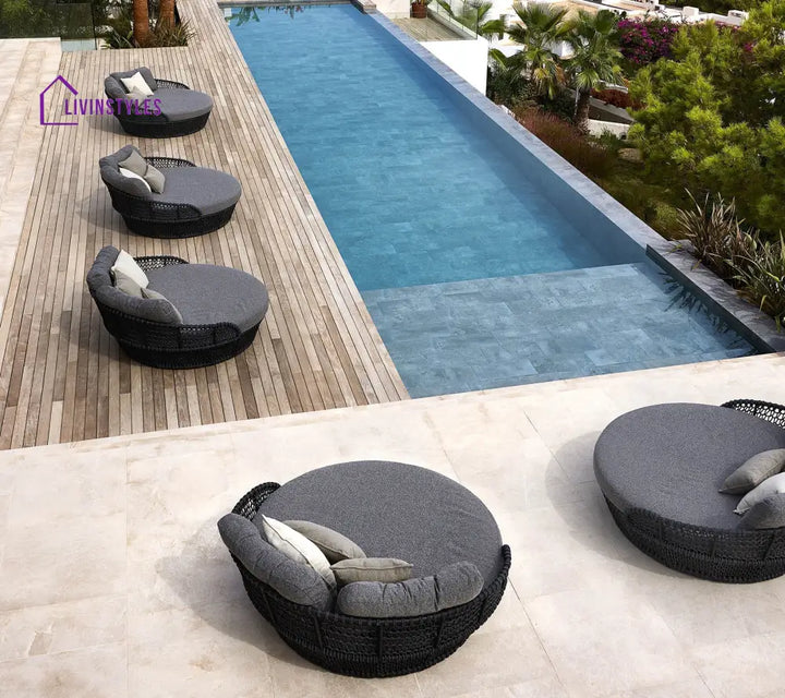 Jiya Outdoor Poolside Sunbed With Cushion Daybed (Black) Braided & Rope