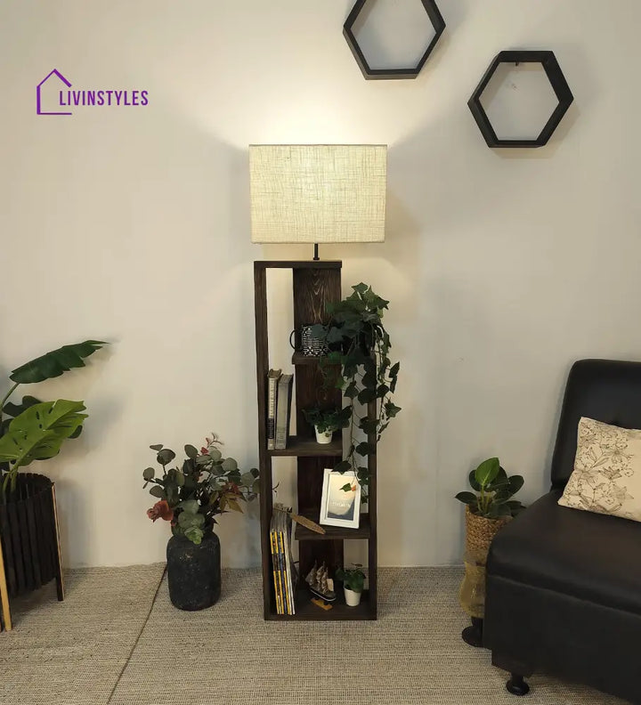 Jordan Wooden Floor Lamp With Brown Base And Jute Fabric Lampshade Lamps