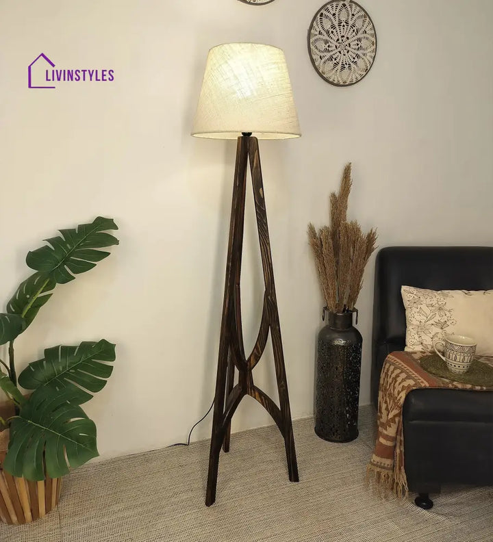 Julius Wooden Floor Lamp With Brown Base And Jute Fabric Lampshade Lamps