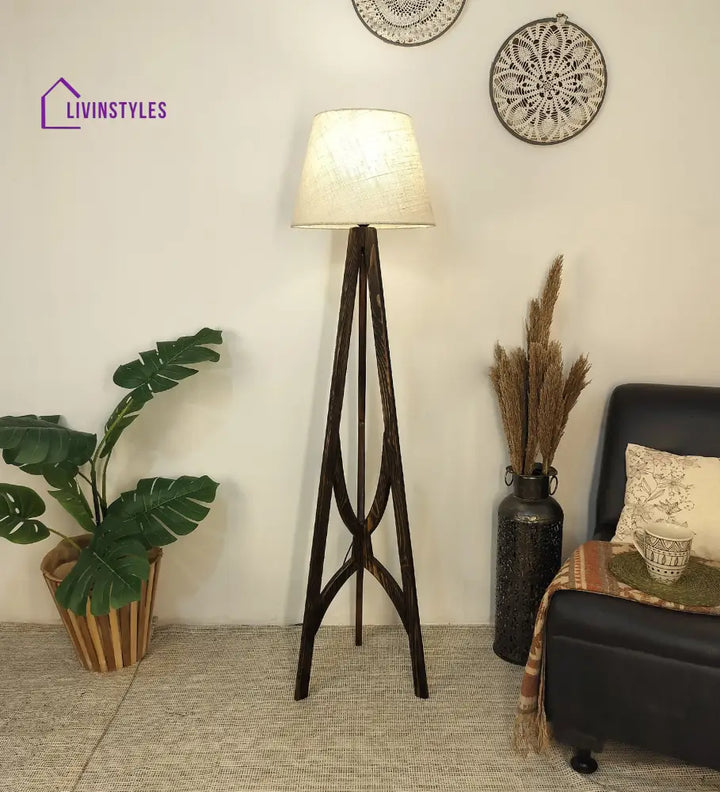 Julius Wooden Floor Lamp With Brown Base And Jute Fabric Lampshade Lamps