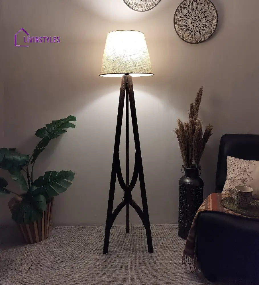 Julius Wooden Floor Lamp With Brown Base And Jute Fabric Lampshade Lamps