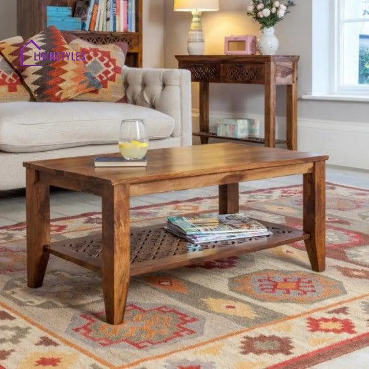 Kansas Carved Net Coffee Table In Honey Finish