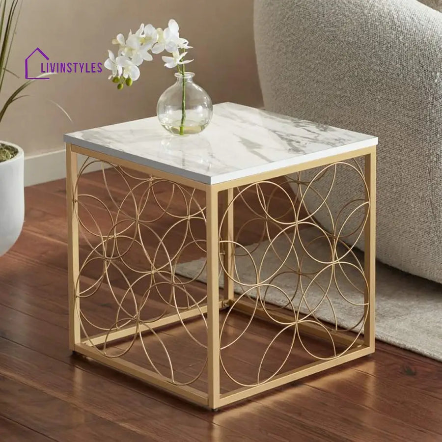 Karthik Metal Small Side Table For Living Room - Marble Top