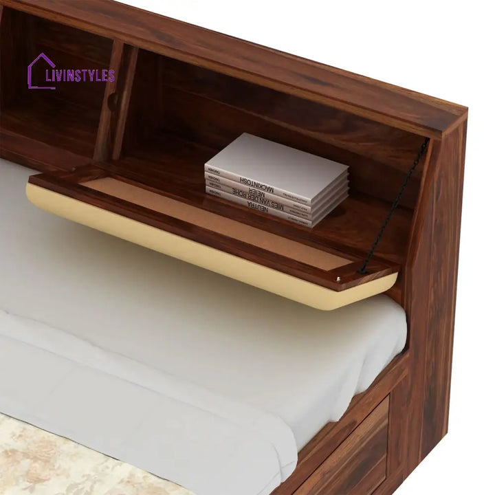 Karuna Solid Sheesham Wood Bed With Box Storage (King Size Honey Finish)