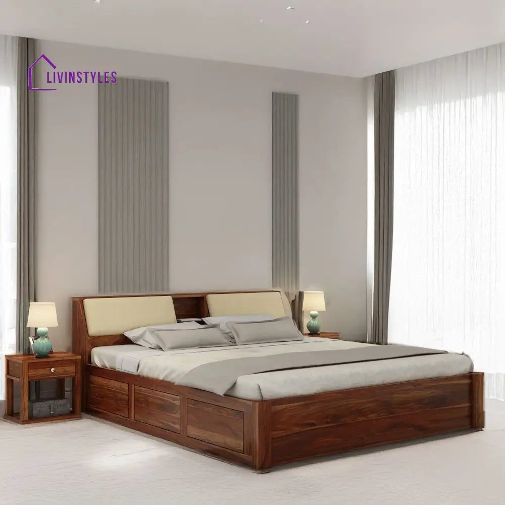 Karuna Solid Sheesham Wood Bed With Box Storage (King Size Honey Finish)