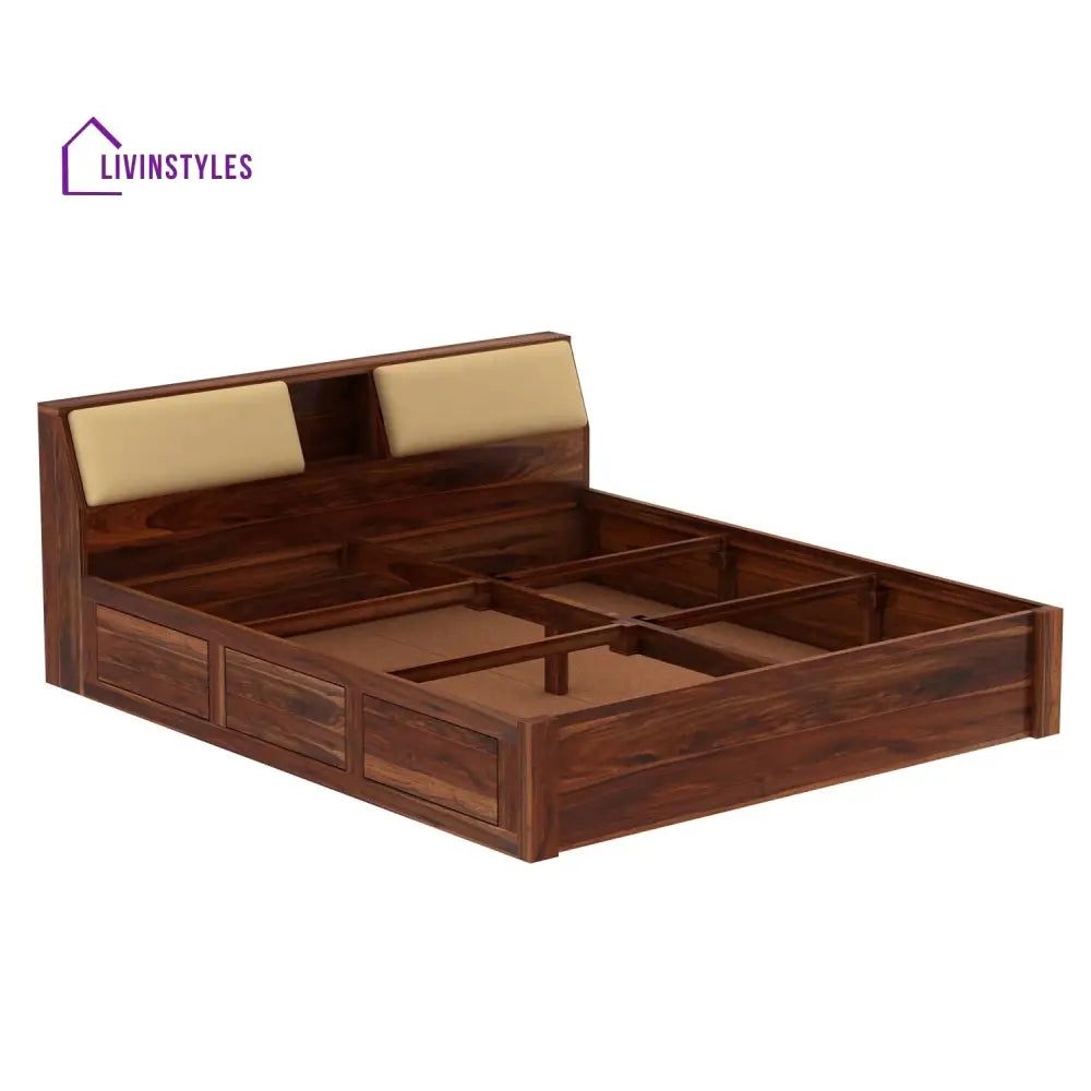 Karuna Solid Sheesham Wood Bed With Box Storage (King Size Honey Finish)