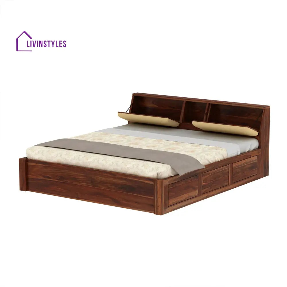 Karuna Solid Sheesham Wood Bed With Box Storage (King Size Honey Finish)