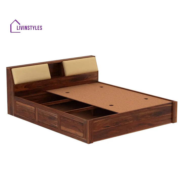 Karuna Solid Sheesham Wood Bed With Box Storage (King Size Honey Finish)