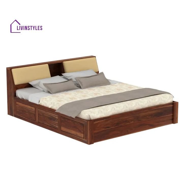 Karuna Solid Sheesham Wood Bed With Box Storage (King Size Honey Finish)