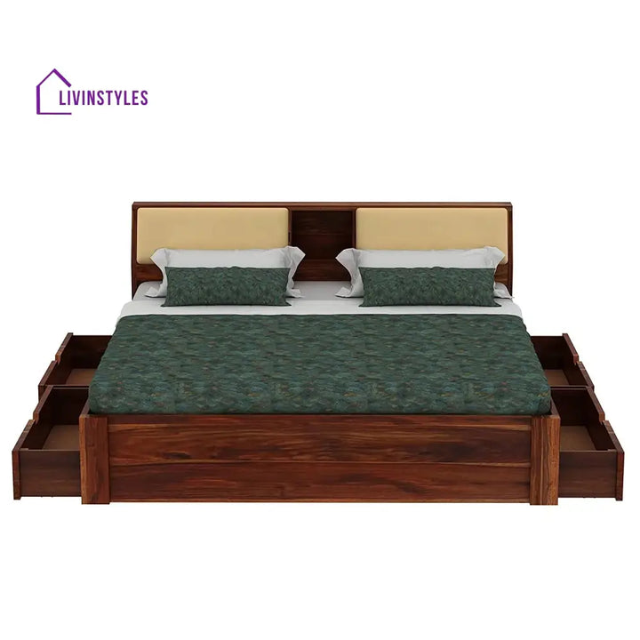 Karuna Solid Sheesham Wood Bed With Four Drawers (King Size Honey Finish)