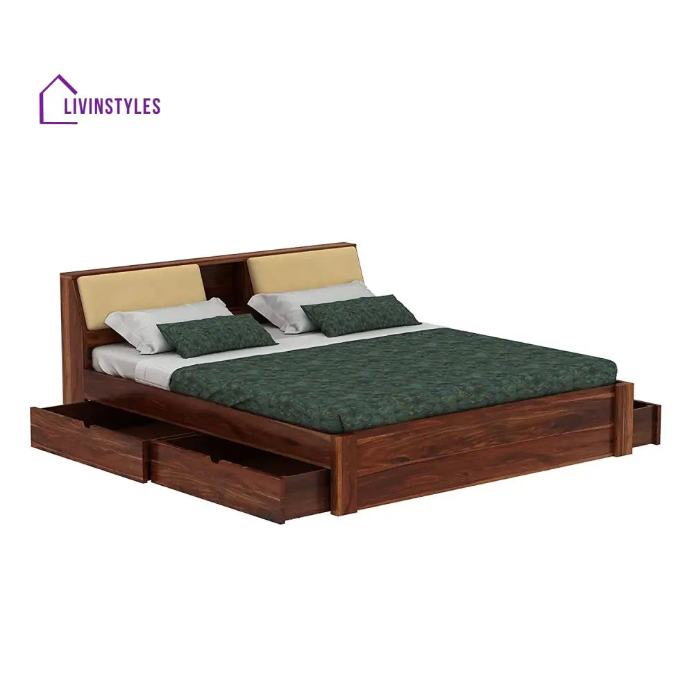 Karuna Solid Sheesham Wood Bed With Four Drawers (King Size Honey Finish)