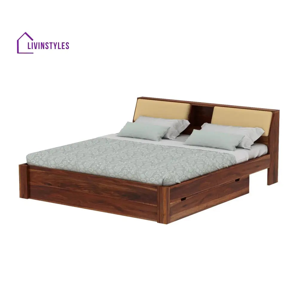 Karuna Solid Sheesham Wood Bed With Two Drawers (King Size Honey Finish)