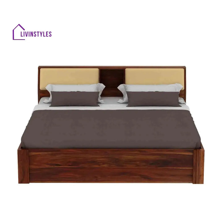 Karuna Solid Sheesham Wood Hydraulic Bed With Box Storage (King Size Honey Finish)