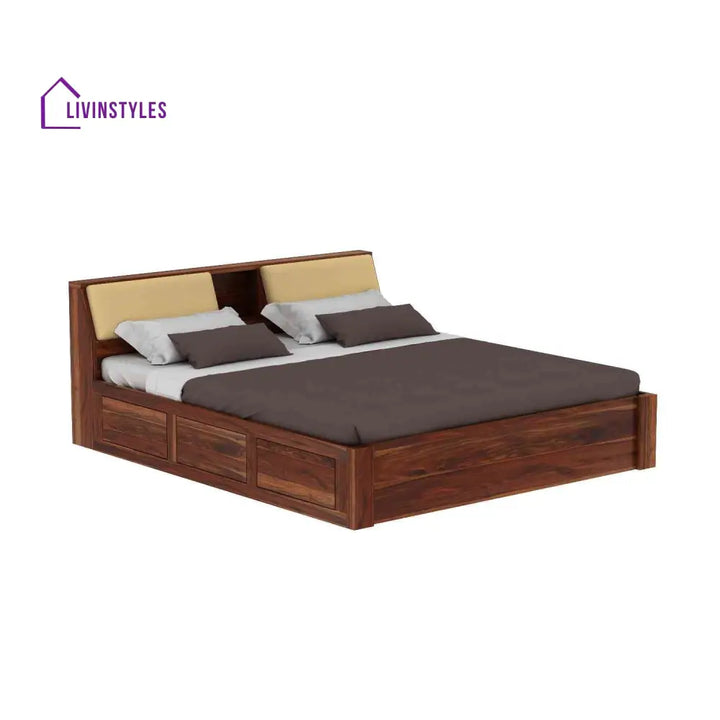 Karuna Solid Sheesham Wood Hydraulic Bed With Box Storage (King Size Honey Finish)