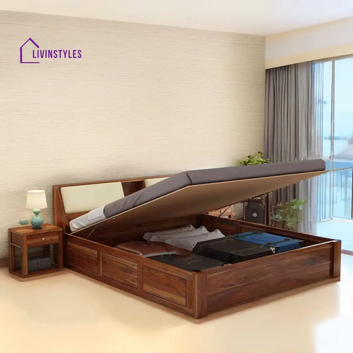 Karuna Solid Sheesham Wood Hydraulic Bed With Box Storage (King Size Honey Finish)