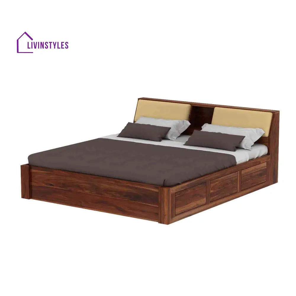 Karuna Solid Sheesham Wood Hydraulic Bed With Box Storage (King Size Honey Finish)