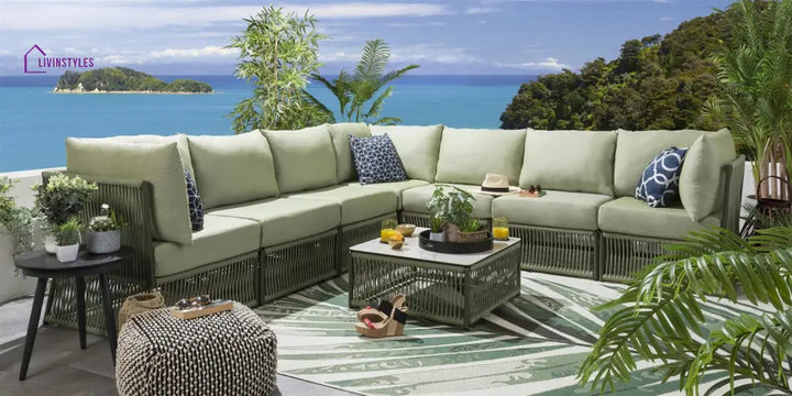 Kavita Outdoor Sofa Set 7 Seater 1 Center Table (Green) Braided & Rope