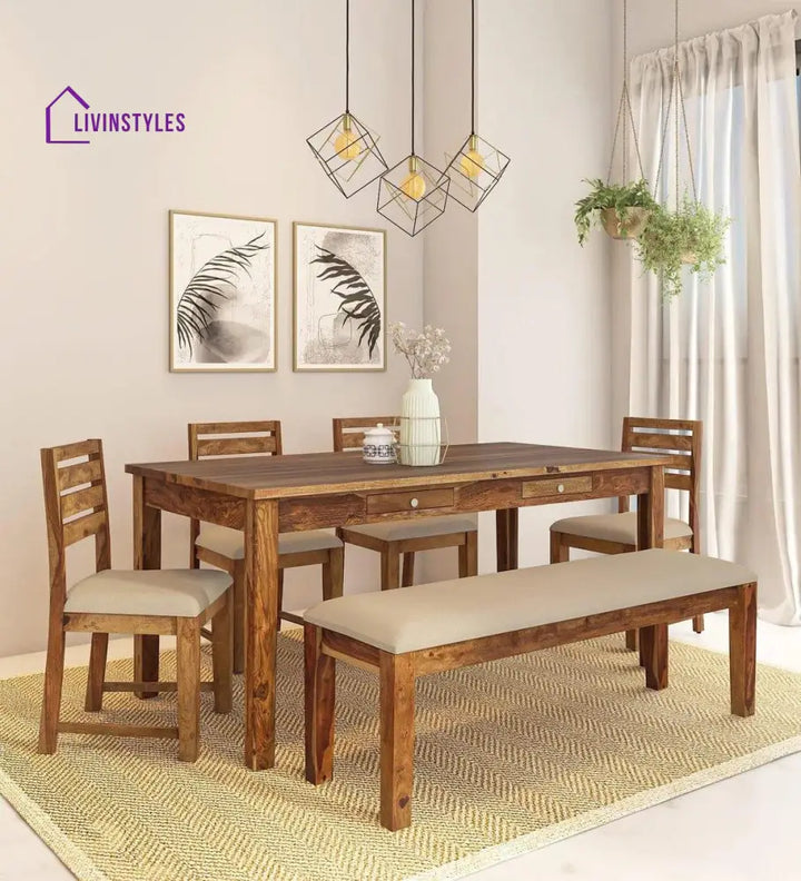 Kentan Sheesham Wood 6 Seater Dining Set In Rustic Teak With Bench