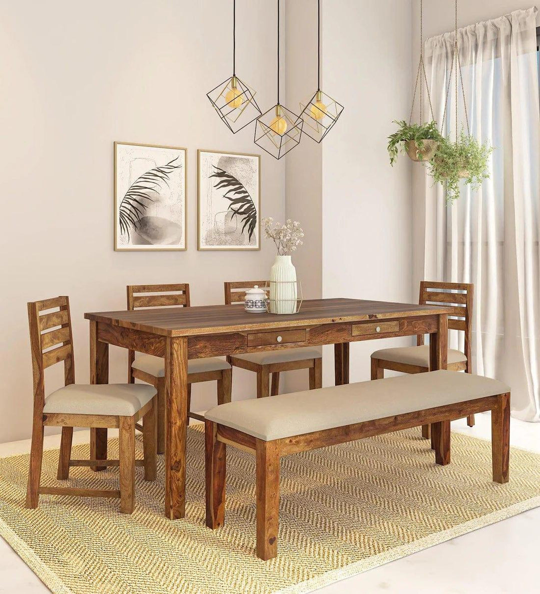 Kentan Sheesham Wood 6 Seater Dining Set In Rustic Teak With Bench,