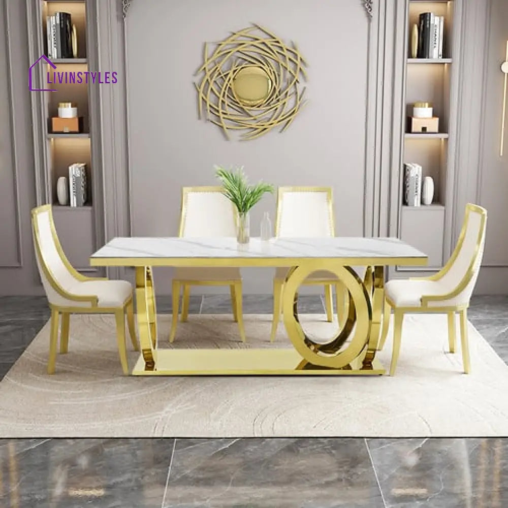 Kevalya Stainless Steel With Pvd Coated Dining Table Set Marble Top