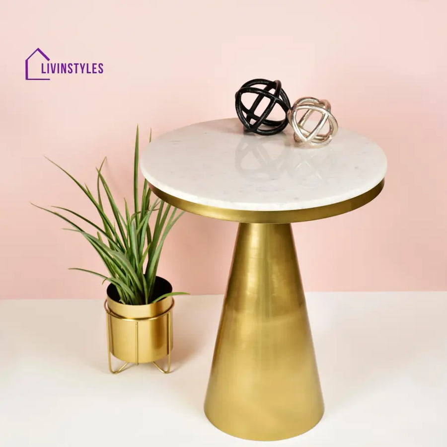 Kimaya Conical Marble Accent Table | Round Side For Living Room And Bedroom End Tables