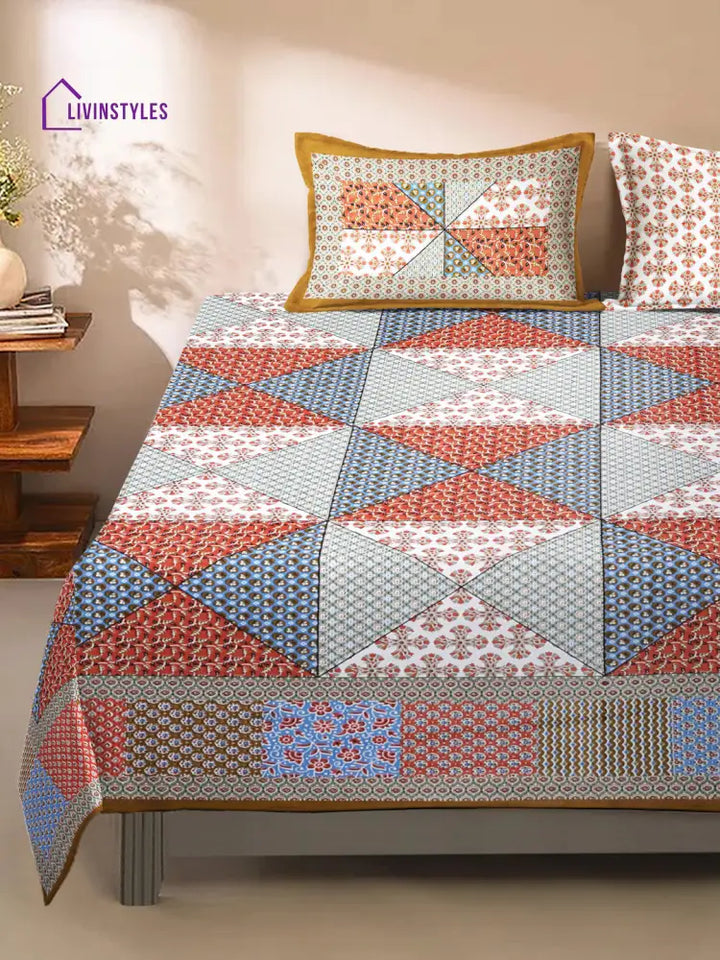 King Size Geometric Print Cotton Bed Sheet With 2 Pillow Covers