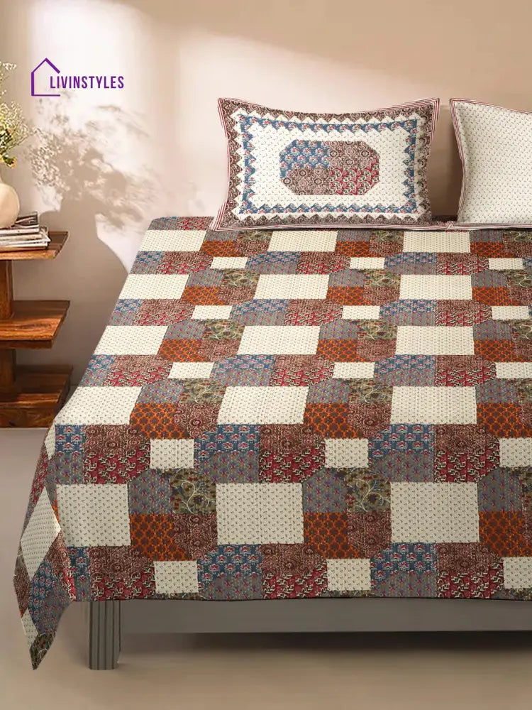 King Size Geometric Print Cotton Bed Sheet With 2 Pillow Covers