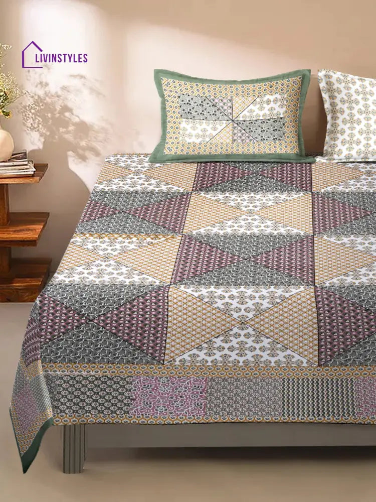 King Size Geometric Print Cotton Bed Sheet With 2 Pillow Covers