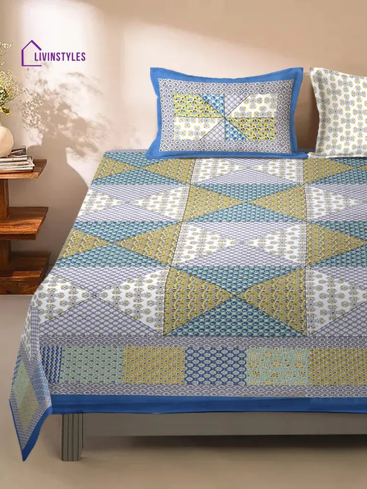 King Size Geometric Print Cotton Bed Sheet With 2 Pillow Covers