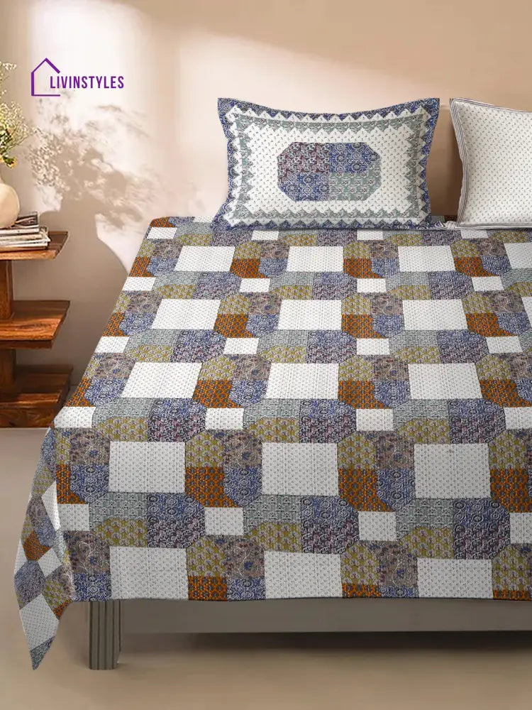 King Size Geometric Print Cotton Bed Sheet With 2 Pillow Covers