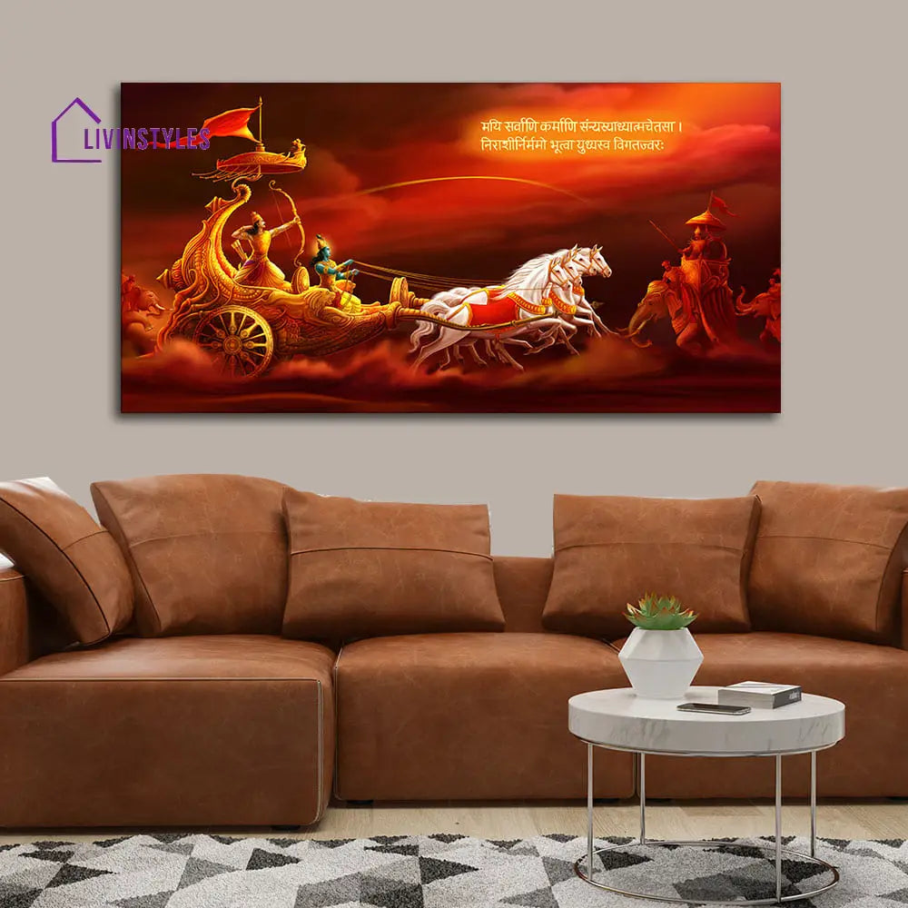 Krishna And Arjuna At Battlefield Of Mahabharata Canvas Wall Painting Ready To Hang (Fitted With