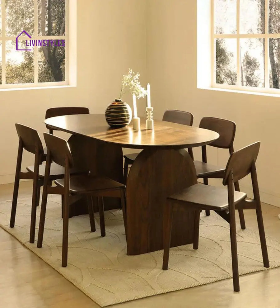 Lark Solid Wood 6 Seater Dining Set In Walnut Finish Dining Set