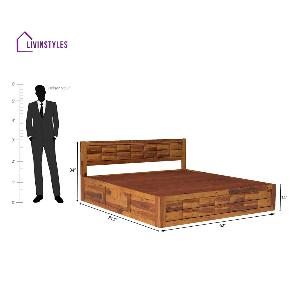 Lata Sheesham Wood Storage Hydraulic Bed In Light Honey