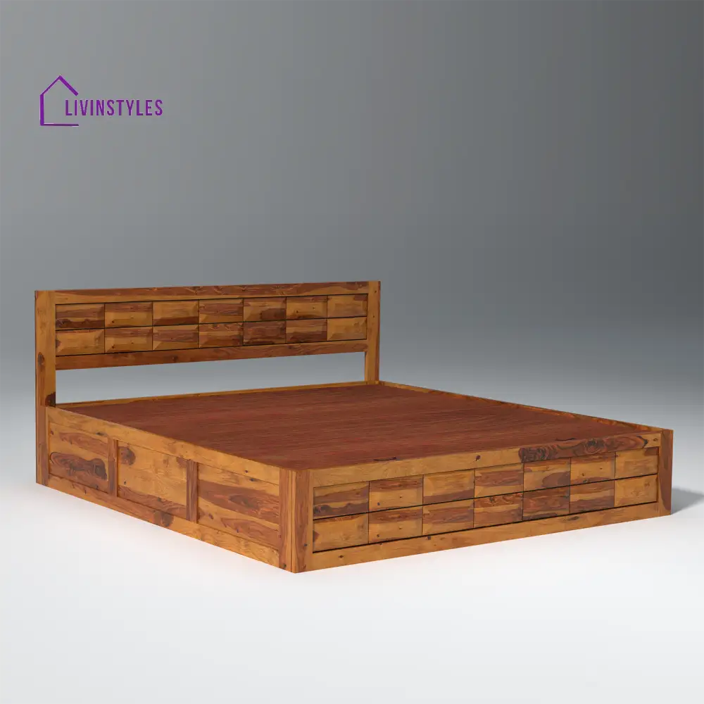 Lata Sheesham Wood Storage Hydraulic Bed In Light Honey