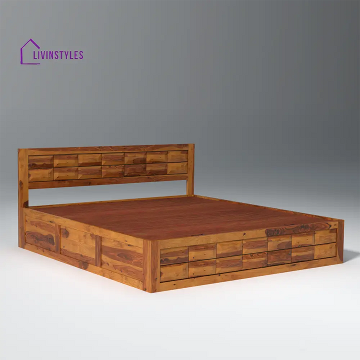 Lata Sheesham Wood Storage Hydraulic Bed In Light Honey