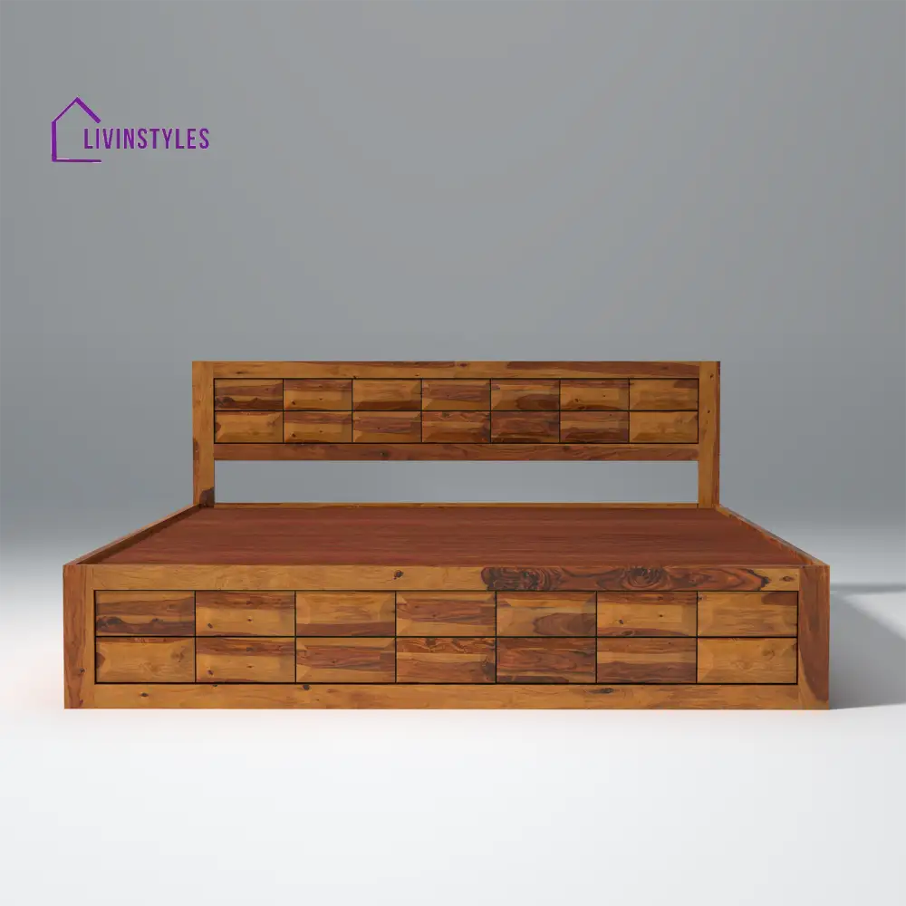 Lata Sheesham Wood Storage Hydraulic Bed In Light Honey