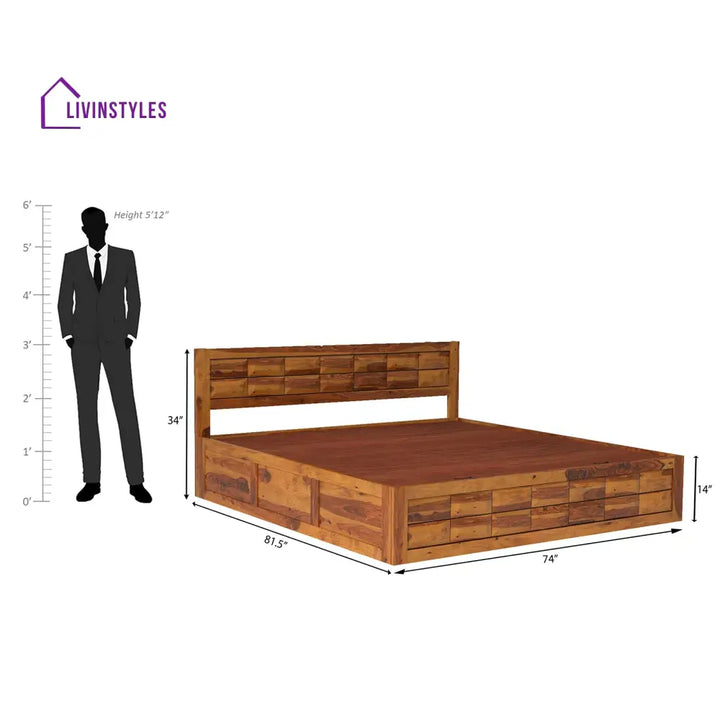 Lata Sheesham Wood Storage Hydraulic Bed In Light Honey