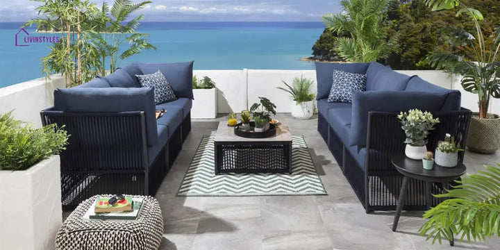 Lavanya Outdoor Sofa Set 6 Seater And 1 Center Table (Blue) Braided & Rope