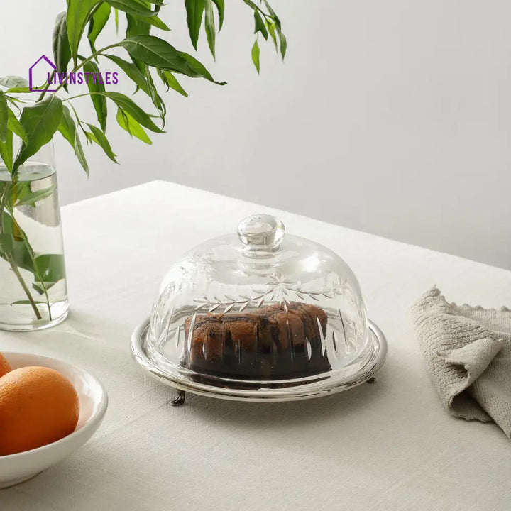 Leafy Glass Cake Dome In Silver Cake Dome